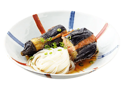 Deep-Fried Stuffed Eggplant with Somen in Tsuyu