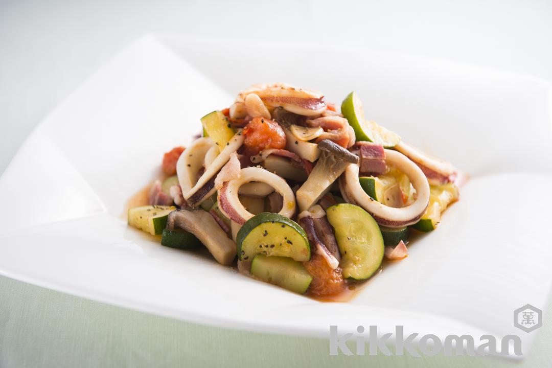 Squid and Bacon Summer Vegetables Saute