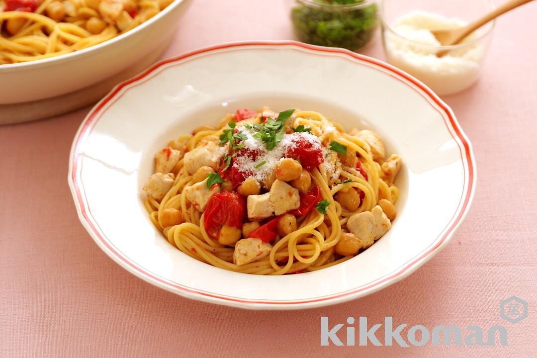 One-Pan Butter Soy Sauce Pasta with Chicken, Chickpeas, and Tomatoes