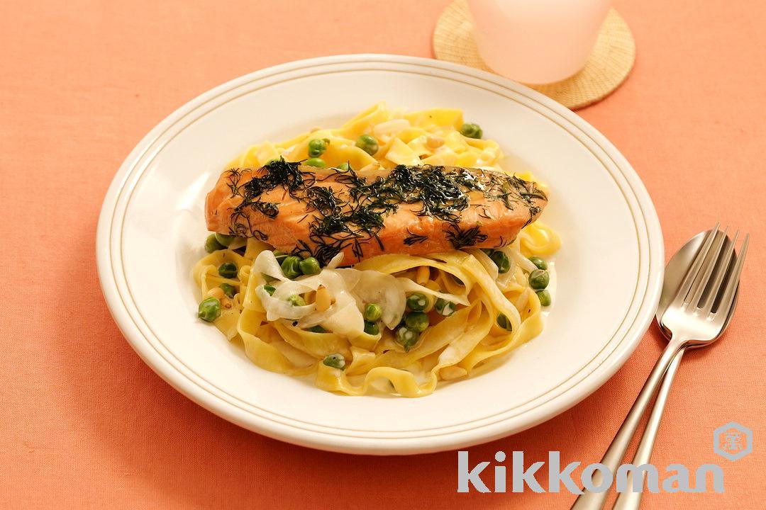 One-Pan Creamy Fettuccine with Herb-Infused Soy Sauce Salmon and Green Peas