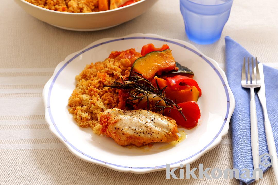 One-Pan Roasted Chicken Breast and Vegetables with Couscous – Tomato Soy Sauce Flavor
