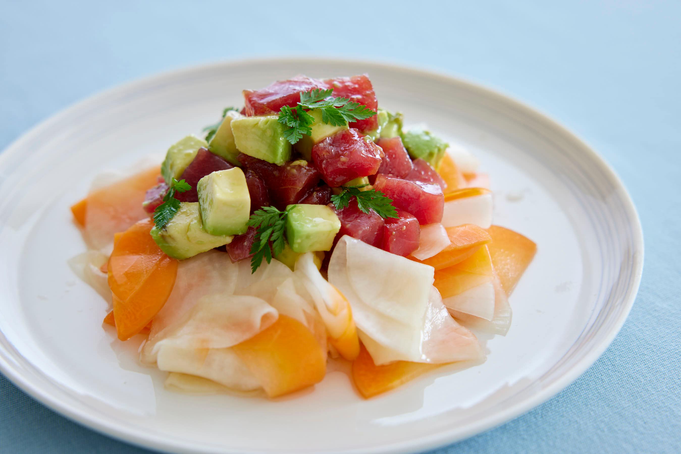 Tuna and Avocado Salad over Sweet Vinegar Vegetables