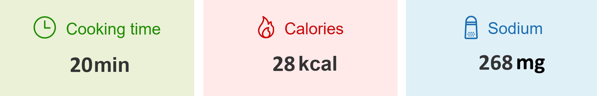 cooking time 20 min, Calories 28kcal, sodium 268mg