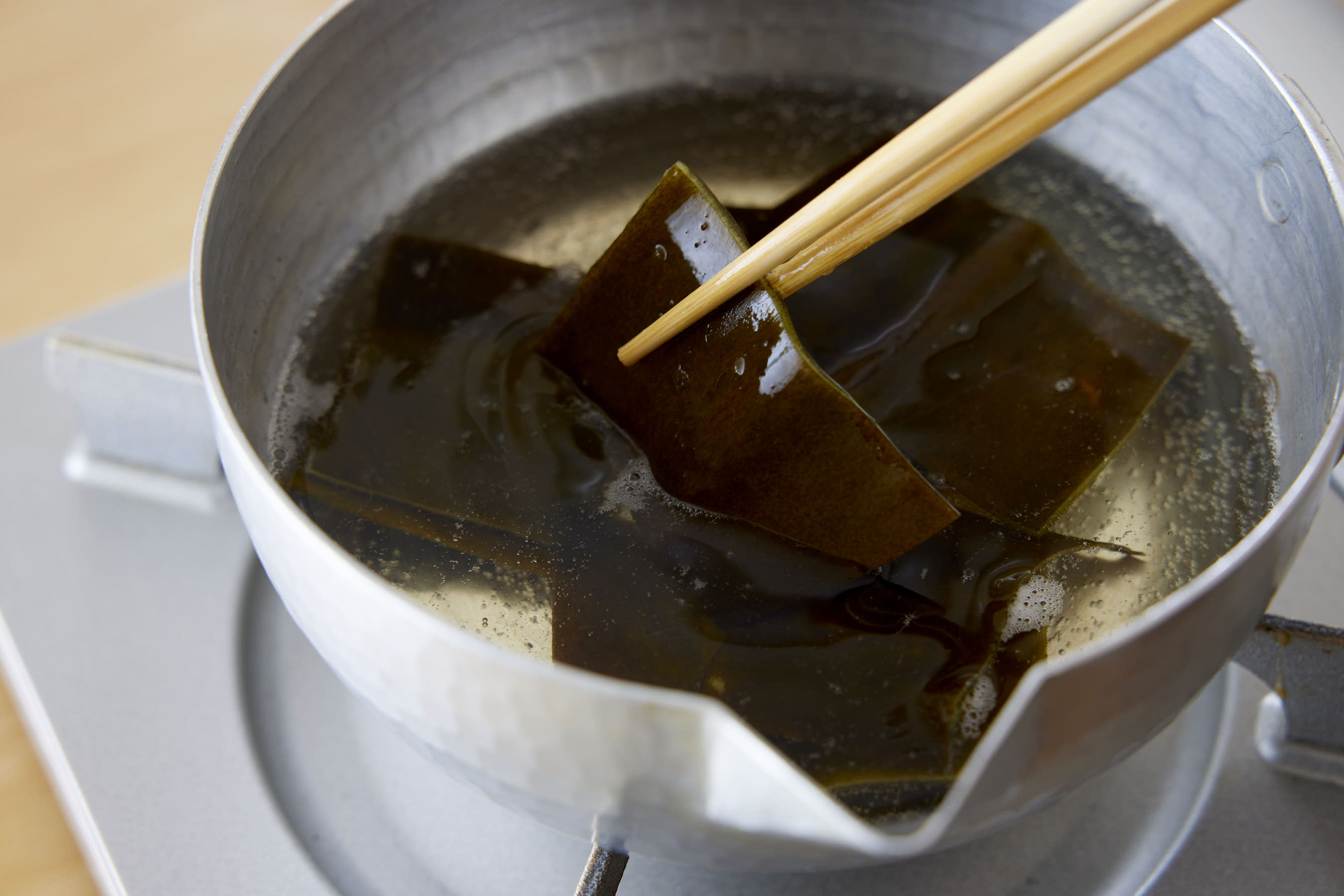 Simmering kombu in a pot