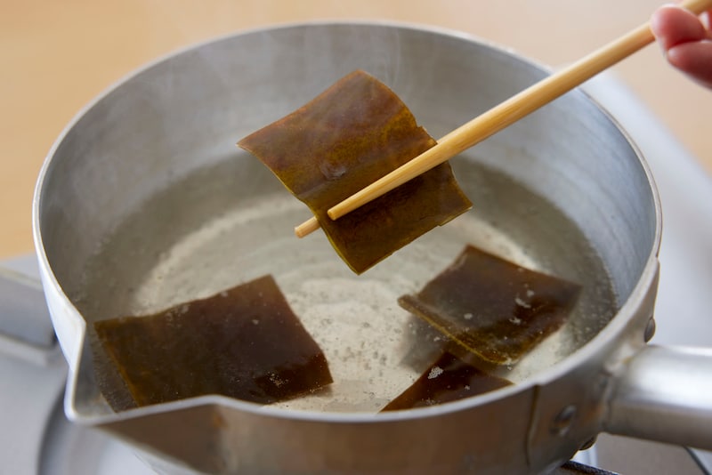 Simmering kombu in a pot