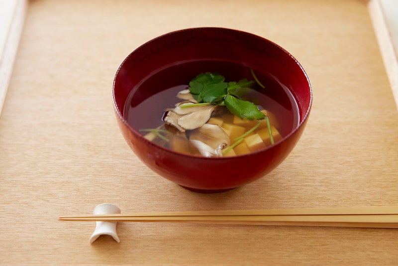 Japanese Clear Soup with Tofu, Mushrooms, and Mitsuba