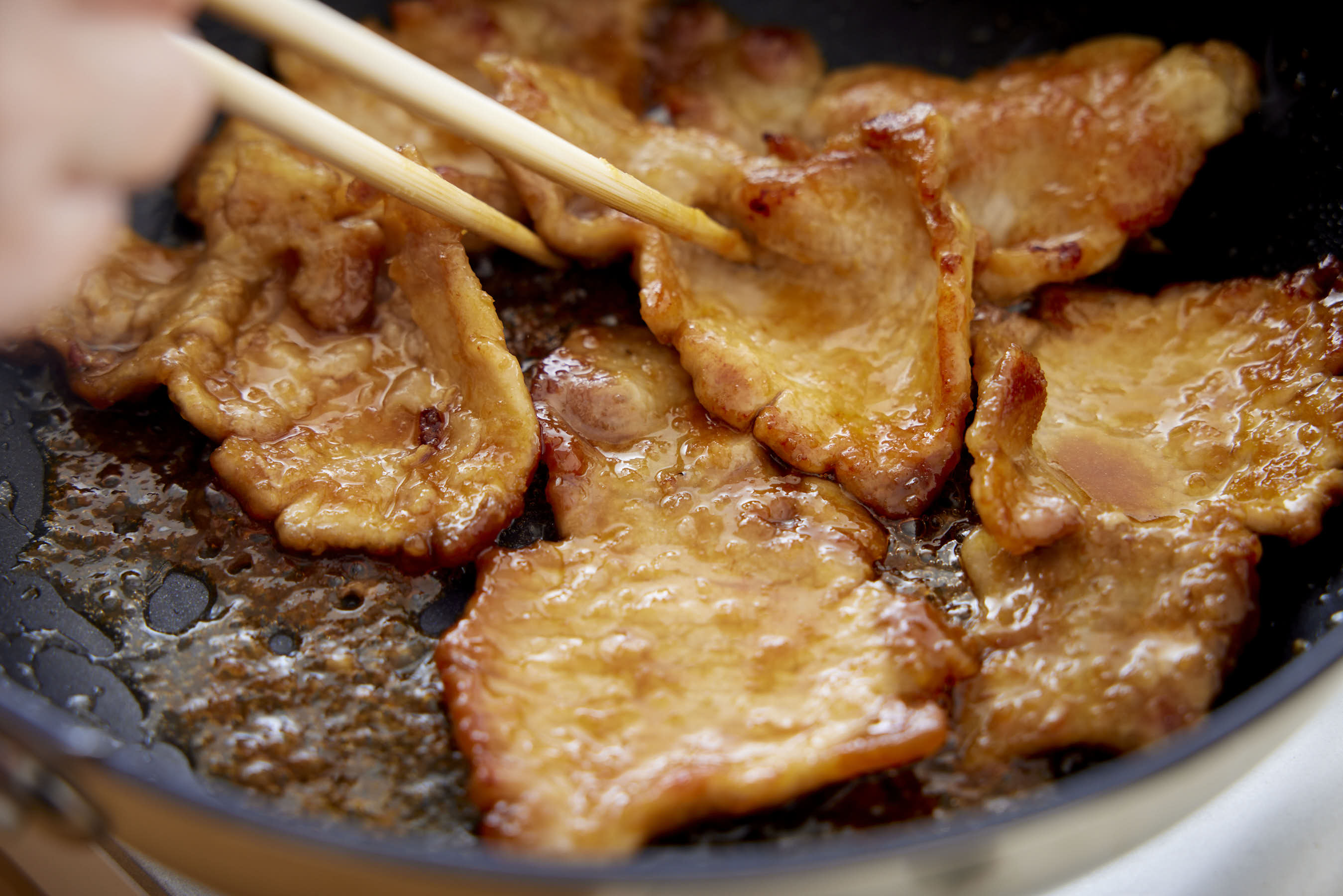 Cooking Shogayaki in a fry pan