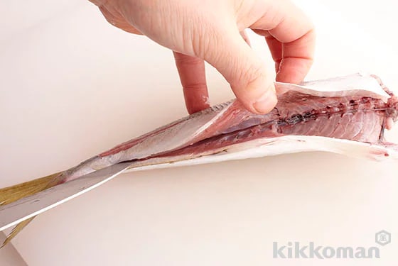 Turn the horse mackerel over and repeat with the knife in the same manner from the belly.