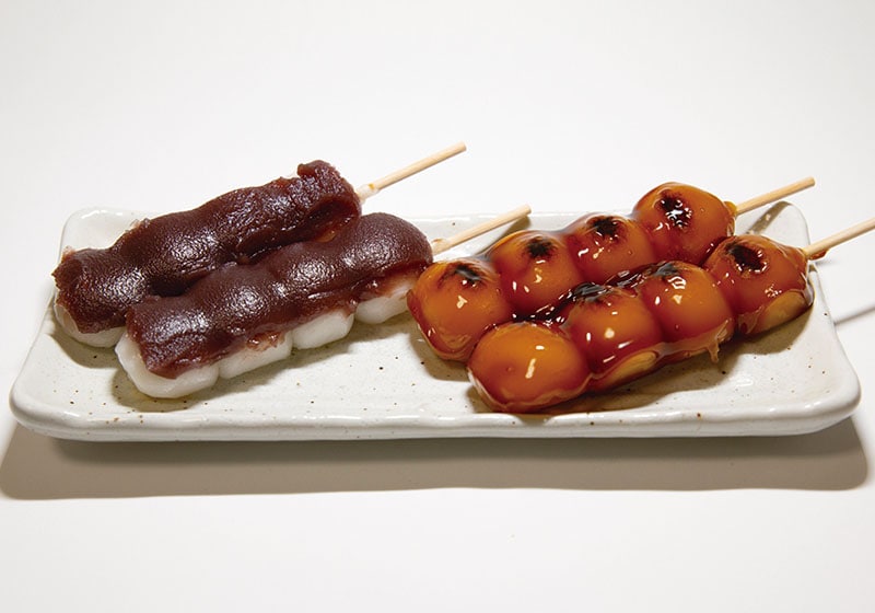 Dango with sweet red bean paste and sweet soy sauce glaze