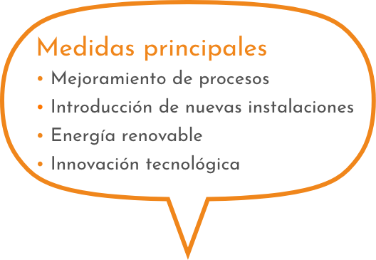Medidas principales • Mejoramiento de procesos • Introducción de nuevas instalaciones • Energía renovable • Innovación tecnológica