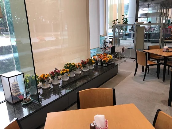 市役所内の喫茶コーナーに飾られた花の鉢植え（2019年7月、千葉県野田市内）