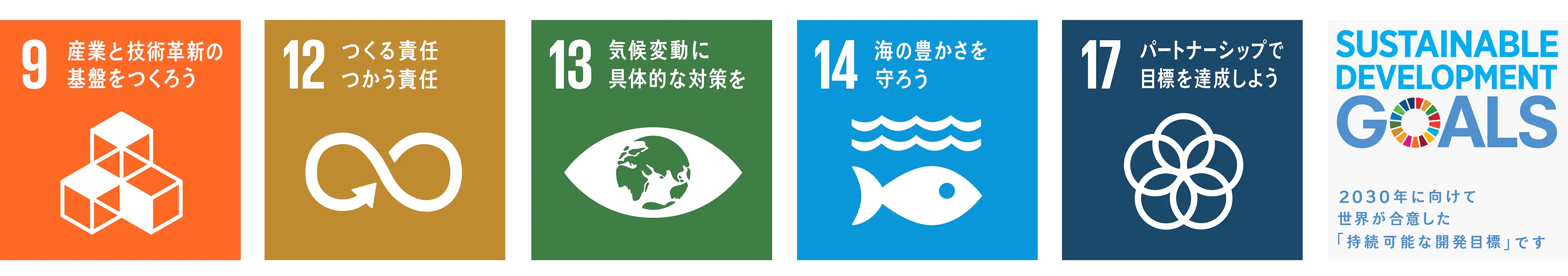 9.産業と技術革新の基盤を作ろう 12.つくる責任 つかう責任 13.気候変動に具体的な対策を 14.海の豊かさを守ろう 17.パートナーシップで目標を達成しよう SUSTAINABLE DEVELOPMENT GOALS 2030年に向けて世界が合意した「持続可能な開発目標」です