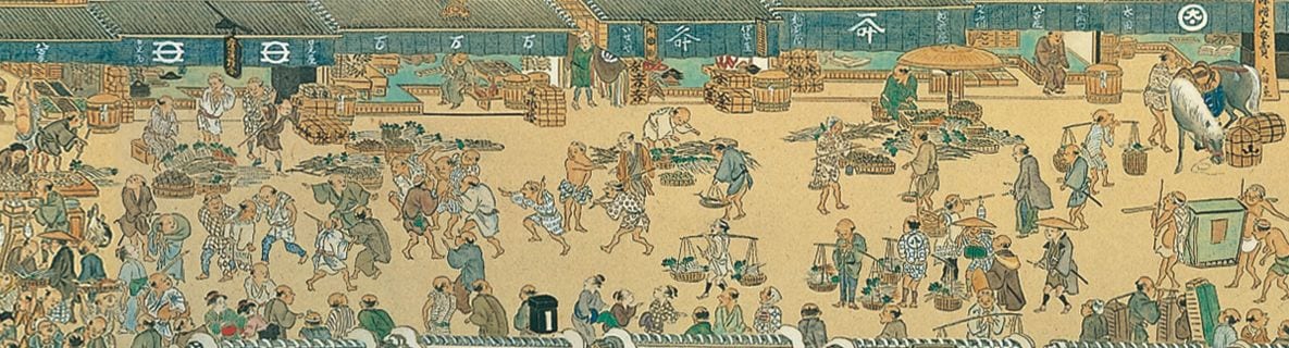 江戸の長屋と通りを行き交う町人の絵
