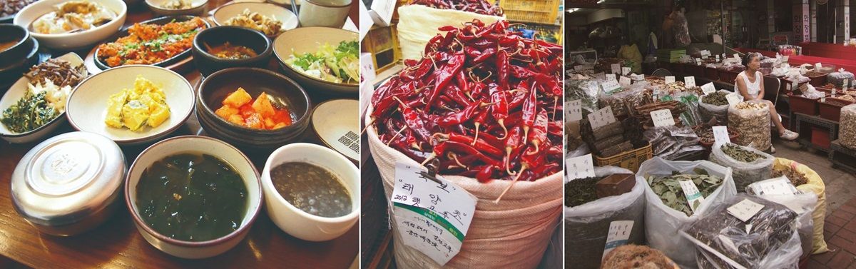 韓国料理、唐辛子、市場の風景