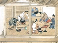 鎌倉時代の台所と食事の用意（『模本　春日権現記絵巻』）（国立国会図書館所蔵）