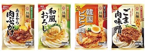 キッコーマン“具麺ソース”シリーズ「あまから肉ぶっかけ」「和風おろし」「韓国ビビン麺風」「ごま肉味噌」