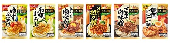 写真左から「ゆずぶっかけ」「和風おろし」「牛だし肉ぶっかけ」「汁なし担々麺風」「ごま肉味噌」「韓国ビビン麺風」