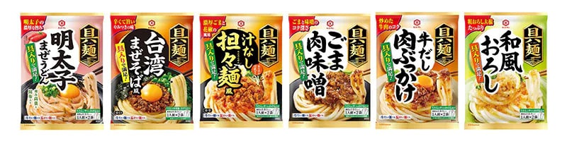 写真左から「明太子まぜうどん」「台湾まぜそば風」「汁なし担々麺風」「ごま肉味噌」「牛だし肉ぶっかけ」「和風おろし」
